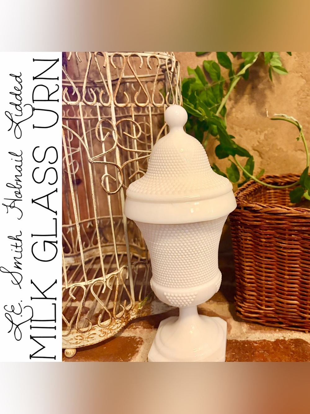 L.E. Smith Hobnail Milk Glass Lidded Urn
